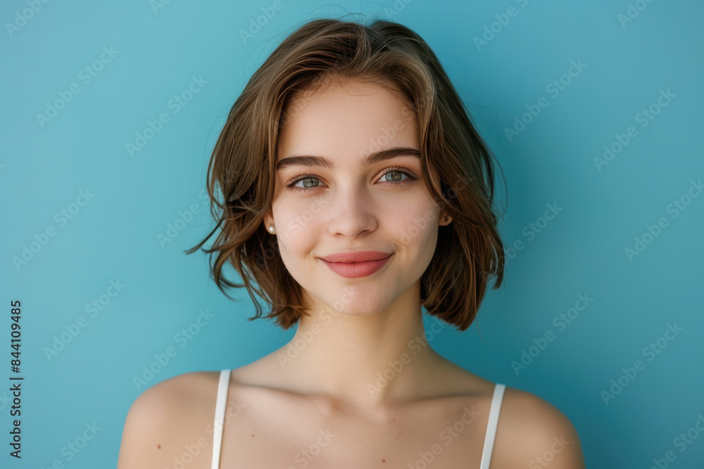 A close up portrait of a young woman with a subtle smile A close up portrait of a young woman with a subtle smile