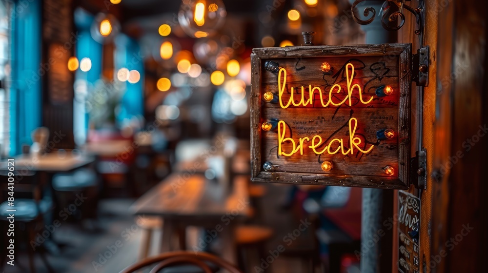 A cozy cafe interior with a warm wooden decor featuring a prominently displayed neon lunch break sign, creating a welcoming and inviting atmosphere