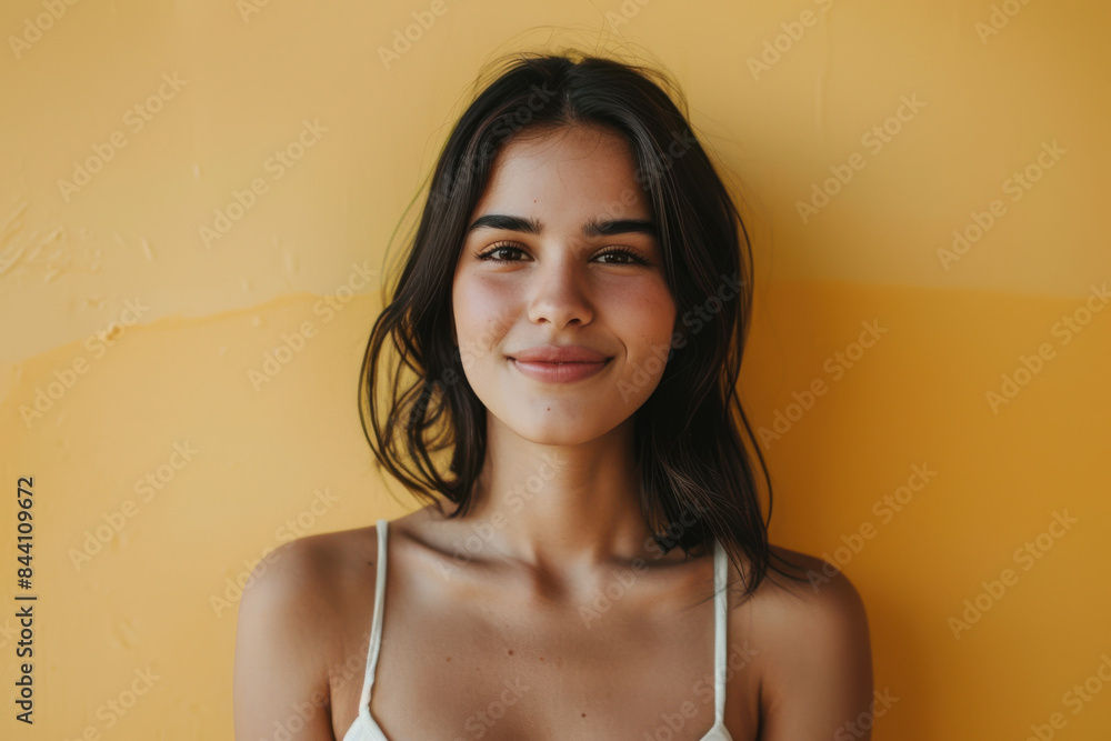 A close up portrait of a young woman with a subtle smile A close up portrait of a young woman with a subtle smile