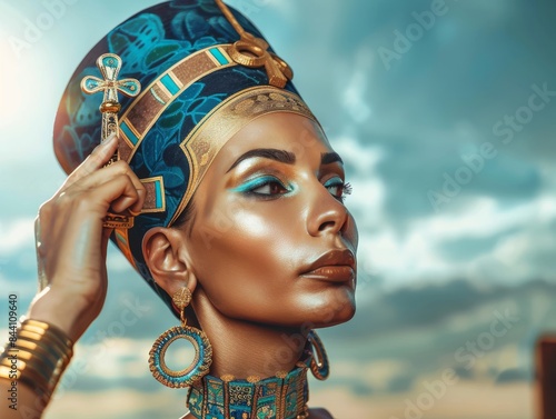 Queen Nefertiti, holding the ankh in her hand, wearing ancient Egyptian royal blue and gold with intricate designs, background is an open air temple photo