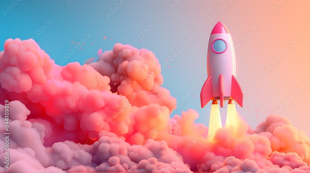 Fototapeta premium A 3D illustration of a vibrant rocket launching symbolizing growth and innovation