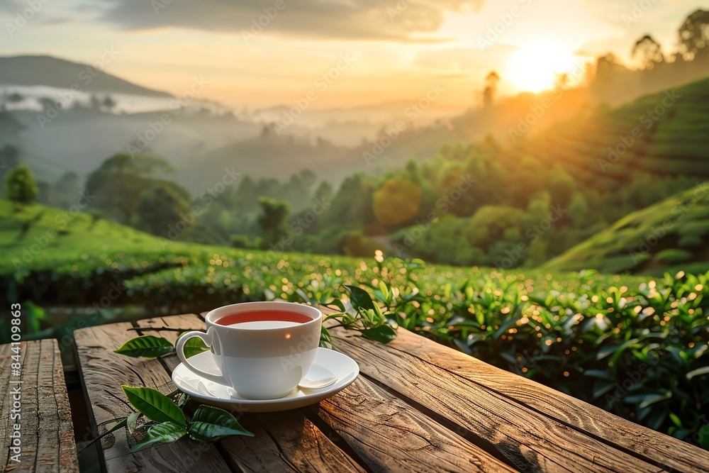 a cup of tea on a wooden table overlooking a beautiful tea plantation bathed in the warm light of sunrise a cup of tea on a wooden table overlooking a beautiful tea plantation bathed in the warm light of sunrise