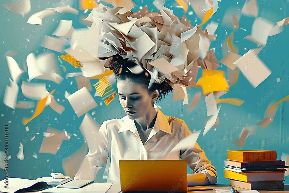 Tired woman working in the office, head full paper explosion, fast ...