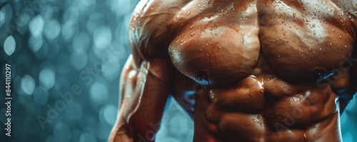 A close-up view of a muscular, shirtless individual's chest and abdominal muscles, demonstrating the definition and tone under blue and bokeh lighting effects © aicandy