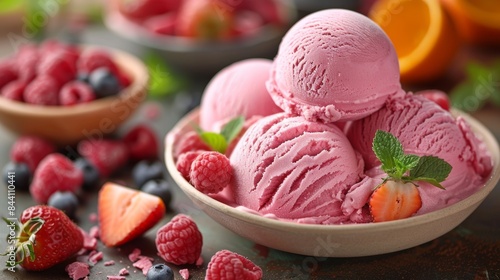 A delectable bowl of strawberry ice cream adorned with fresh raspberries  blueberries  and mint  perfect for a summer day and enticing to all dessert enthusiasts