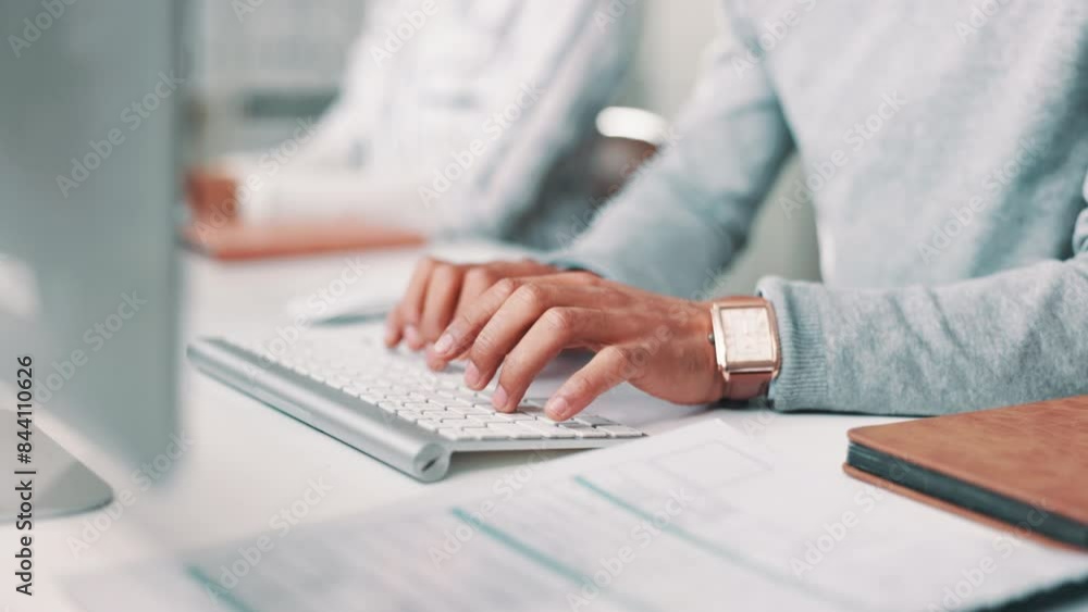 Typing, keyboard and hands of business worker on computer for online project, proposal and research. Corporate, professional and person in office for internet, website and planning at desk for career Typing, keyboard and hands of business worker on computer for online project, proposal and research. Corporate, professional and person in office for internet, website and planning at desk for career