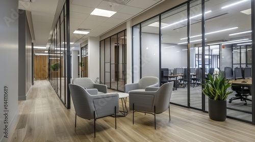 Modern office space featuring an inviting meeting area with comfortable gray chairs  large glass partitions  and sleek workstations creating a productive environment