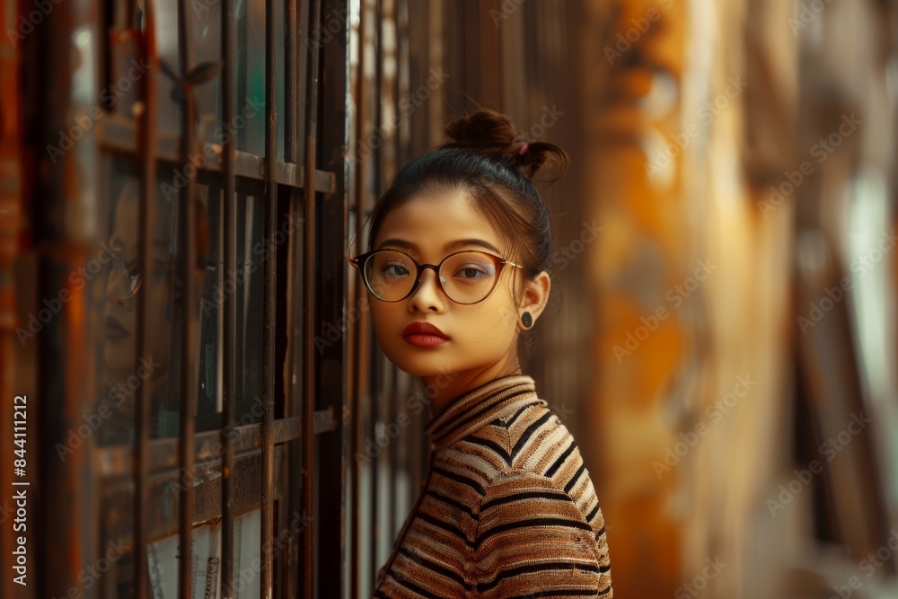 A young woman with glasses stands by a window, surrounded by a warm-toned, urban environment with blurred background elements, capturing a moment of quiet introspection