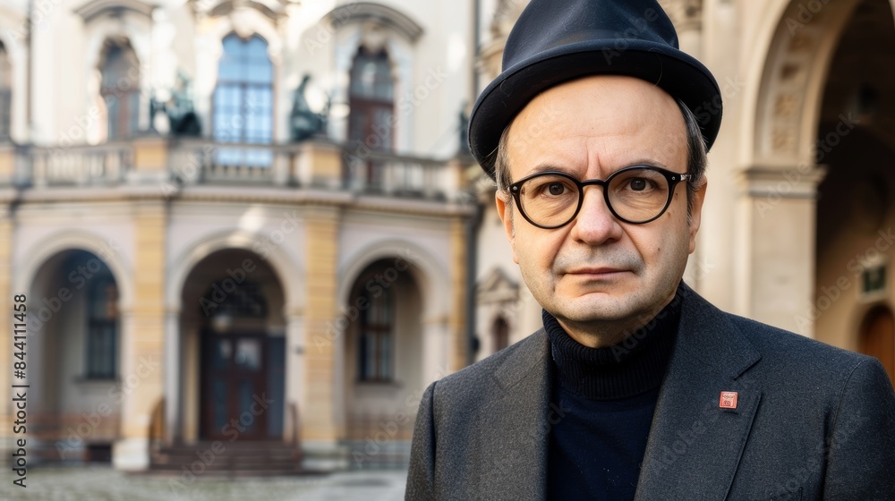 Distinguished man in a sophisticated outfit with a hat and glasses, standing in front of an ornate and historic building with intricate architectural details Distinguished man in a sophisticated outfit with a hat and glasses, standing in front of an ornate and historic building with intricate architectural details