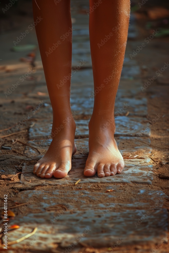 A close-up view of a person's bare feet standing on a pathway, with a warm, natural light highlighting the earthy tones and textures of the ground beneath A close-up view of a person's bare feet standing on a pathway, with a warm, natural light highlighting the earthy tones and textures of the ground beneath