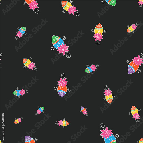 seamless repeat pattern with bright colorful fish on a black ground perfect for fabric, scrap booking, wallpaper, gift wrap projects