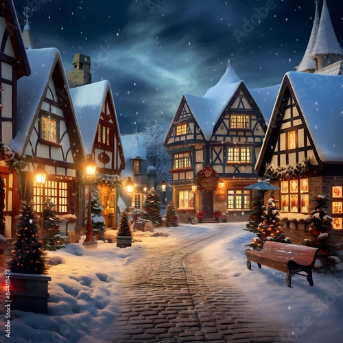 Winter night in the village. Christmas and New Year background. Christmas card.