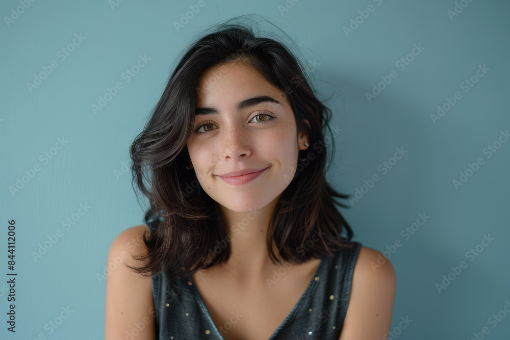 A close up portrait of a young woman with a subtle smile A close up portrait of a young woman with a subtle smile