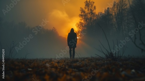 Silhouetted figure standing in a foggy field at sunrise amidst tall trees creating a serene and reflective atmosphere with a golden sky background