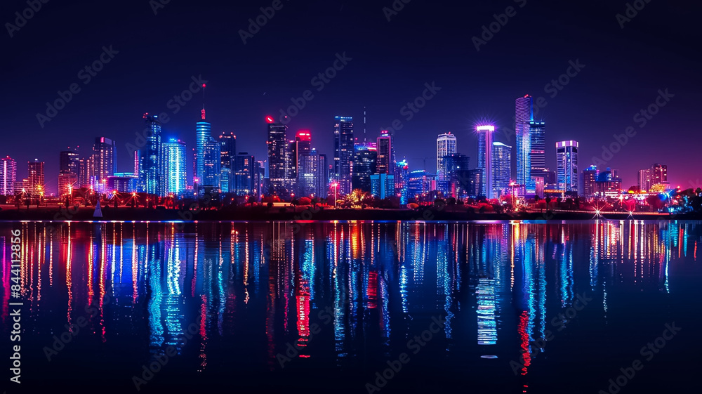 Fototapeta premium Cityscape at Night A panoramic view of a city skyline