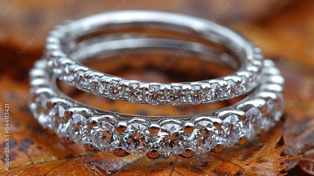 Close-up of elegant diamond rings displayed on a textured brown autumn leaf, showcasing intricate design and sparkling gemstones Close-up of elegant diamond rings displayed on a textured brown autumn leaf, showcasing intricate design and sparkling gemstones