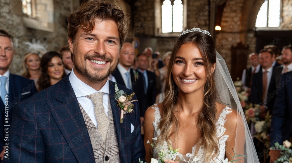 A happy bride and groom surrounded by friends and family in a beautifully decorated church during their wedding ceremony A happy bride and groom surrounded by friends and family in a beautifully decorated church during their wedding ceremony