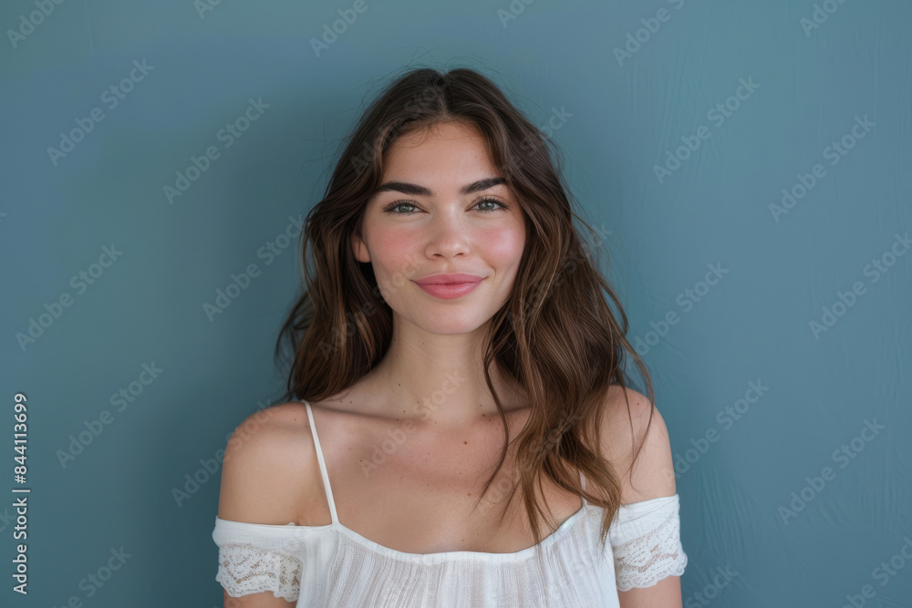 A close up portrait of a young woman with a subtle smile A close up portrait of a young woman with a subtle smile