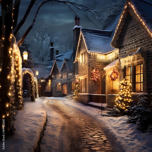 Christmas night in a small village in winter with lights and decorations. © Iman