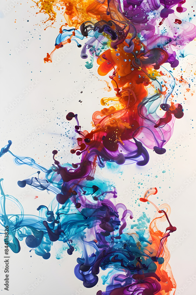 Fototapeta premium Ethereal Dance of Vivid Ink Droplets on White Canvas: Explosive Symphony of Colors in Motion