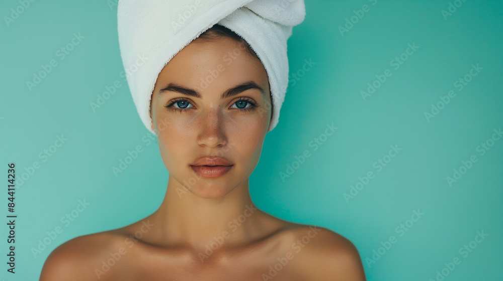 Woman with Towel Wrapped on Head Against Teal Background
Woman with Towel Wrapped on Head Against Teal Background