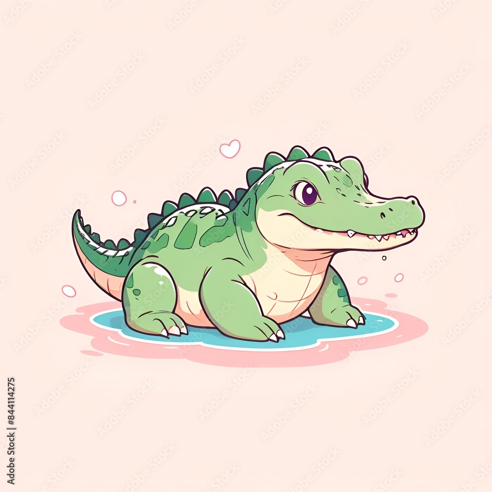 Fototapeta premium A cartoon of a green crocodile with a pink background