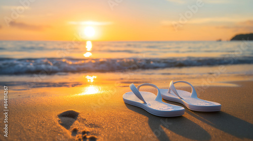 White Flip Flops on Beach at Sunset  