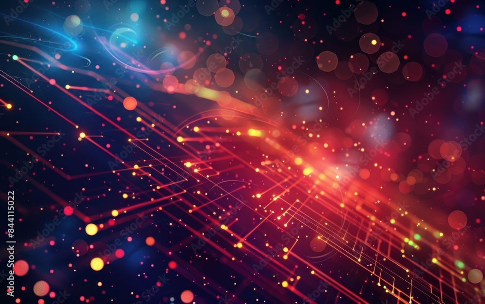 Fototapeta premium Abstract digital illustration of glowing lines and bokeh lights on a dark background. Technology and futuristic concept. Design for wallpaper, poster, banner.