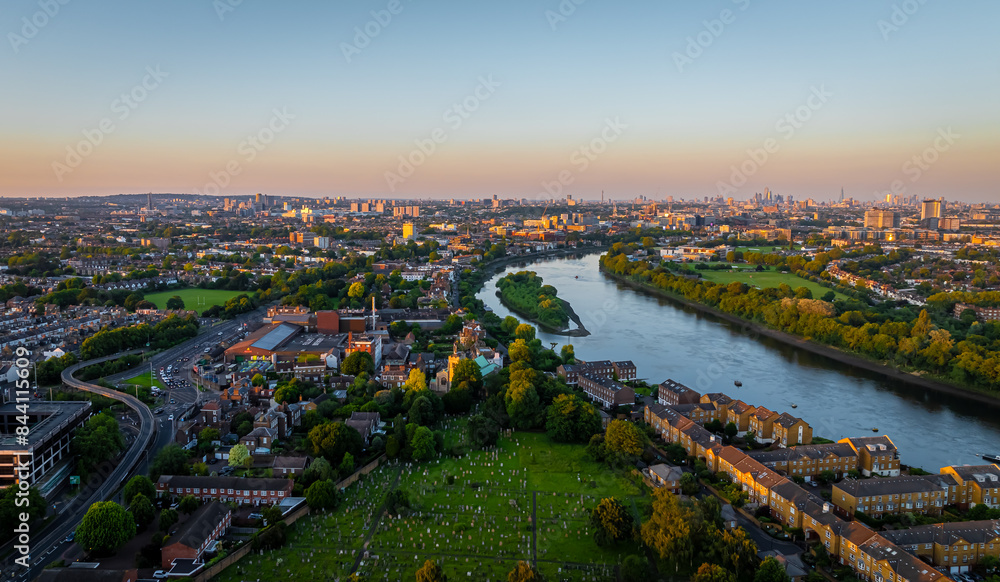 Fototapeta premium Aerial view of Chiswick, a leafy, affluent district of London with a village feel
