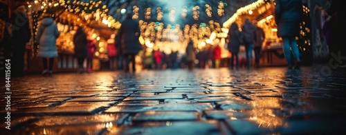 Defocused christmas market - Wet paving stones of a street after it rained at night, with bokeh lights, Generative AI