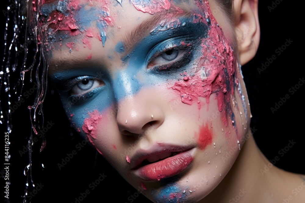 Close-up of a woman with creative makeup resembling splattered paint Close-up of a woman with creative makeup resembling splattered paint
