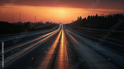 Country road with cloudy sky in the light of the dawn sunset  AI Generative.