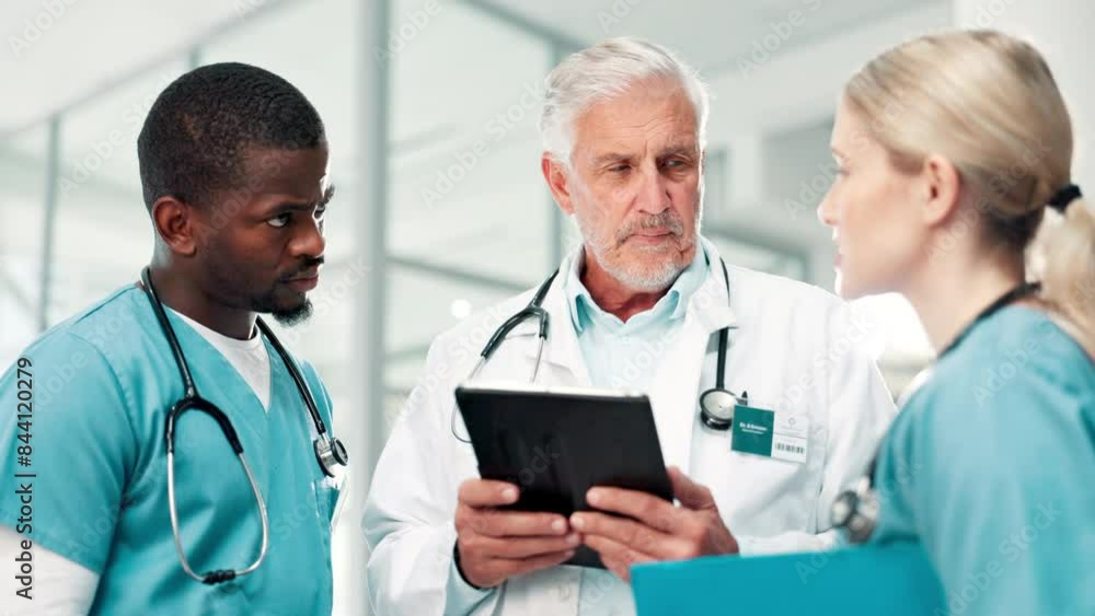 Tablet, medical and group in discussion for meeting brainstorming and mentor training nurse intern. Teamwork, doctor and people planning on technology for healthcare collaboration in hospital clinic Tablet, medical and group in discussion for meeting brainstorming and mentor training nurse intern. Teamwork, doctor and people planning on technology for healthcare collaboration in hospital clinic