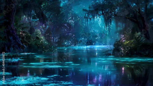A secluded bayou its still waters producing a vibrant display of bioluminescent hues. photo