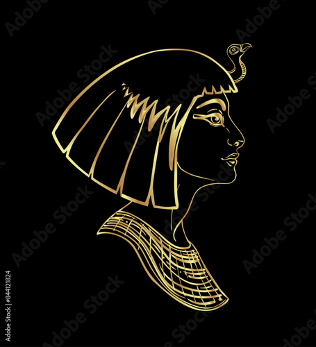 Egyptian queen Cleopatra isolated on white background. Queen of Egypt, was one of the most famous women in history. Hand-drawn vintage vector outline illustration in gold over black. Egyptian sacred