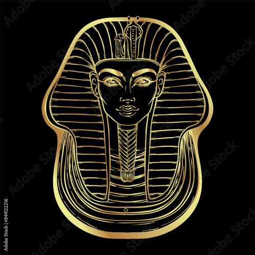 King Tutankhamun mask, ancient Egyptian pharaoh. Hand-drawn vintage vector outline illustration in gold over black. Egyptian sacred wall art logo design. Symbol of the ancient Egypt.