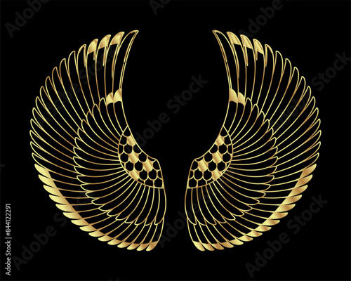 Wings in Egyptian style. Hand-drawn vintage tattoo art. Egypt tribal symbol of pharaoh, element of ancient design. Hand-drawn vintage vector outline illustration in gold over black. Egyptian sacred