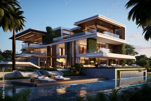 Wallpaper Mural Illuminated upscale modern home at dusk with swimming pool and palm trees Torontodigital.ca