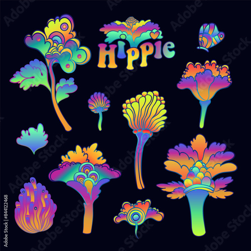 Colorful flower set, retro 60s, 70s hippie style. Vintage psychedelic vector ...
