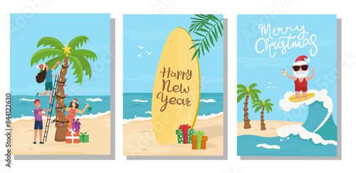 Set of Christmas New Year Holiday at the beach. Tropical vector illustrations.