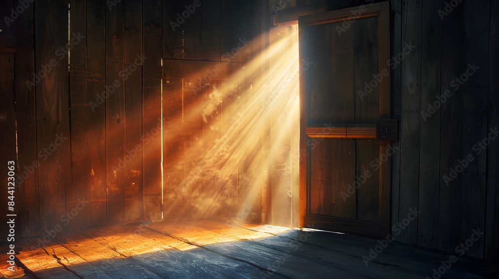 Obraz premium An open wooden door with light shining through. symbolizing the entrance to heaven or hell 
