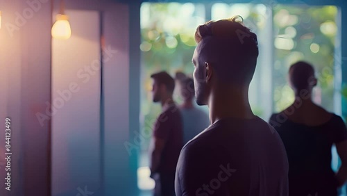 A group of coworkers gather in a conference room and participate in an officefriendly workout led by their AR personal trainers. photo