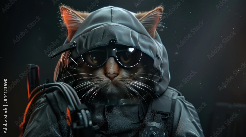 A cute cat wearing a modern spy outfit complete with spy equipment, AI generated image A cute cat wearing a modern spy outfit complete with spy equipment, AI generated image