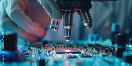 A close-up of a scientist examining a microchip intended for brain implantation under a microscope