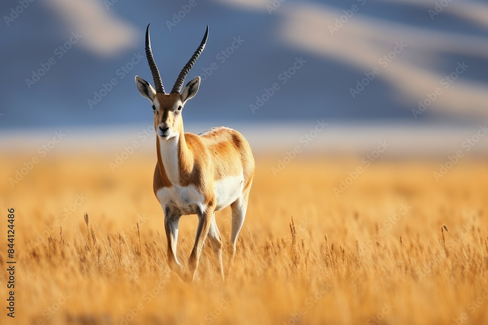 Solitary antelope stands gracefully in the sunlit savannah, surrounded by dry grass Solitary antelope stands gracefully in the sunlit savannah, surrounded by dry grass