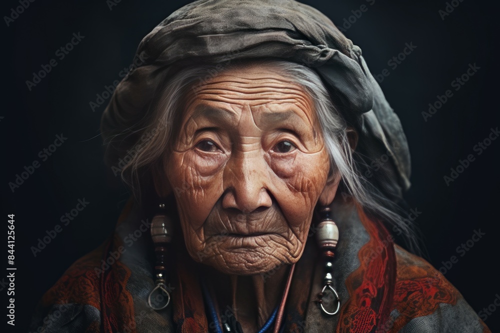 Portrait of an old woman with deep wrinkles and traditional headwear, exuding wisdom Portrait of an old woman with deep wrinkles and traditional headwear, exuding wisdom