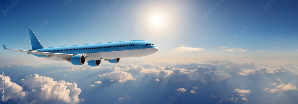 Airplane flying above bright blue clouds. Fast travel, vacation and business concept. Copy space. Airplane flying above bright blue clouds. Fast travel, vacation and business concept. Copy space.