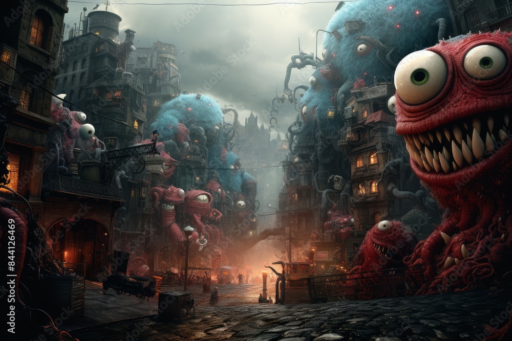 Fototapeta premium Digital artwork of whimsical giant creatures overtaking an atmospheric urban scene