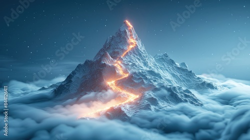 Path to success concept, with glowing light path going up the mountain