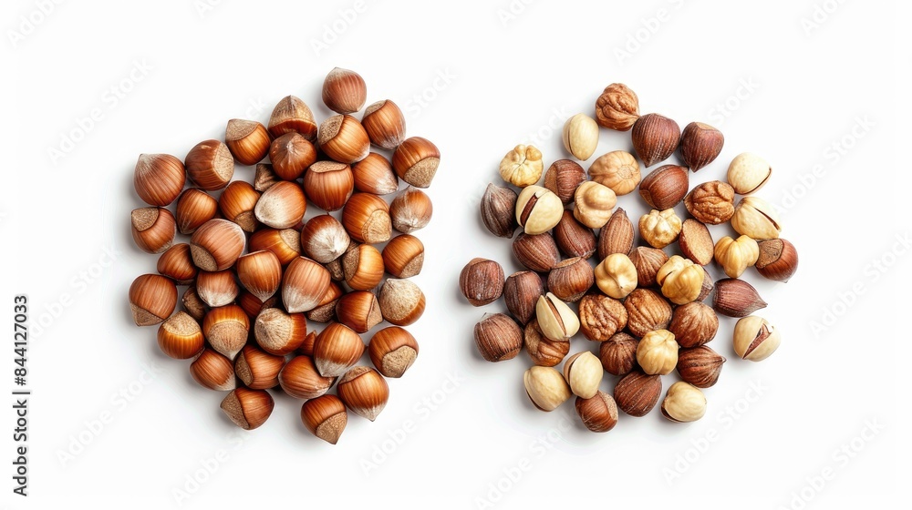 Filberts and hazelnuts arranged separately on a white background with a clipping path Filberts and hazelnuts arranged separately on a white background with a clipping path